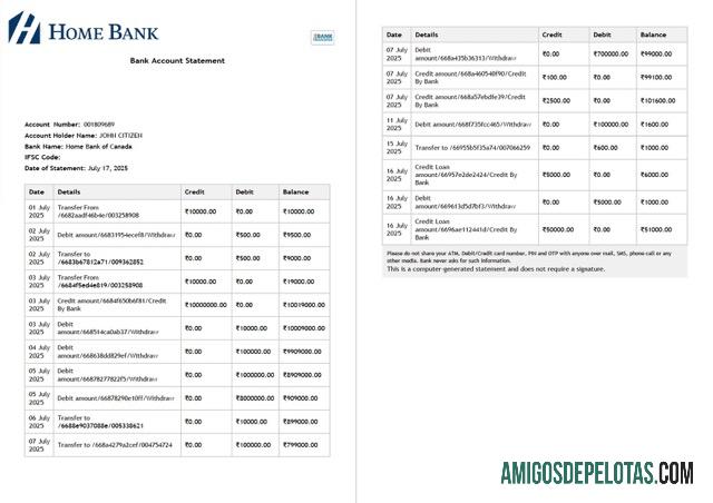 Modelo realista de extrato de conta do Canada Home Bank Of Canada, modelo Word e PDF, 2 páginas